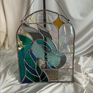 Mystical Dragon Stained Glass Panel in Green and Blue